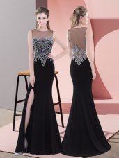 Black Satin Side Zipper Scoop Sleeveless Floor Length Prom Dress Beading
