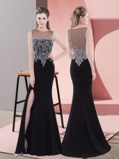 Black Satin Side Zipper Scoop Sleeveless Floor Length Prom Dress Beading