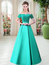 Fantastic Floor Length Lace Up Womens Evening Dresses Turquoise for Prom and Party with Belt