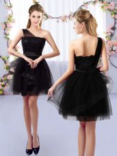A-line Bridesmaid Dress Black One Shoulder Tulle Sleeveless Mini Length Side Zipper