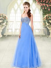 Custom Made Sleeveless Tulle Floor Length Lace Up Prom Dresses in Blue with Beading