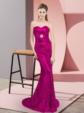 Great Fuchsia Sweetheart Lace Up Belt Prom Dress Sweep Train Sleeveless