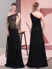 Unique Chiffon One Shoulder Sleeveless Side Zipper Beading Prom Dresses in Black