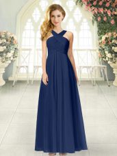 Clearance Navy Blue Empire Straps Sleeveless Chiffon Floor Length Zipper Ruching Homecoming Dress