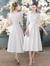 White Satin Zipper Dress for Prom 3 4 Length Sleeve Tea Length Lace