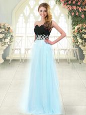 Light Blue Tulle Zipper Dress for Prom Sleeveless Floor Length Appliques