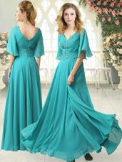 Half Sleeves Chiffon Floor Length Sweep Train Zipper Evening Dress in Aqua Blue with Beading and Lace