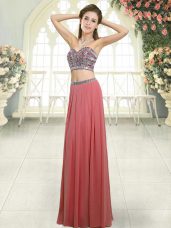 Watermelon Red Chiffon Backless Sleeveless Floor Length Beading