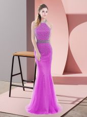Backless Evening Outfits Lilac for Prom and Party and Military Ball with Beading Brush Train