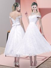 Tea Length White Prom Dress Strapless Sleeveless Criss Cross