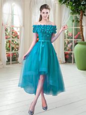 Teal Off The Shoulder Lace Up Appliques Womens Party Dresses Short Sleeves