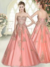 Fantastic Floor Length Watermelon Red Prom Dresses Tulle Sleeveless Appliques