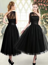 Tulle One Shoulder Sleeveless Side Zipper Ruching Prom Evening Gown in Black