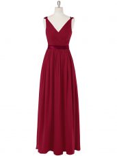 Simple Wine Red Chiffon Zipper V-neck Sleeveless Floor Length Homecoming Dress Ruching and Belt