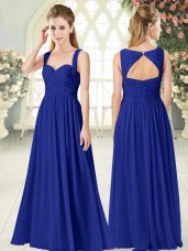 Sleeveless Floor Length Ruching Zipper Evening Party Dresses with Royal Blue