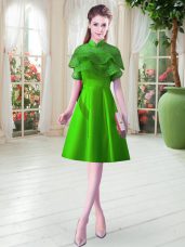 Flare High-neck Cap Sleeves Satin Prom Dresses Ruffled Layers Lace Up