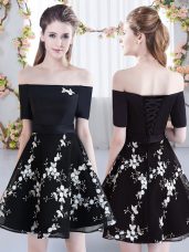 Artistic Mini Length Black Bridesmaid Gown Off The Shoulder Short Sleeves Lace Up