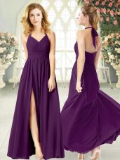 Exceptional Purple Chiffon Backless Prom Dresses Sleeveless Floor Length Ruching