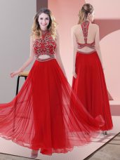 Red Chiffon Backless Prom Party Dress Sleeveless Ankle Length Beading