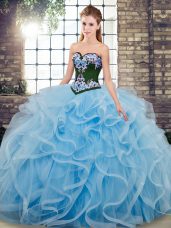 Baby Blue Tulle Lace Up Sweetheart Sleeveless 15th Birthday Dress Sweep Train Embroidery