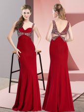 Floor Length Backless Red for Prom and Party and Military Ball with Beading