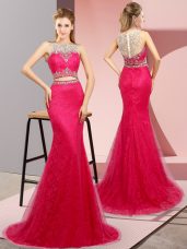 New Style Hot Pink Two Pieces Scoop Sleeveless Tulle and Lace Sweep Train Lace Up Beading Custom Made