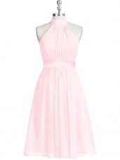 Modest Baby Pink Sleeveless Knee Length Ruching and Belt Zipper