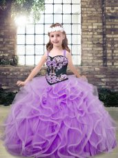 Customized Lavender Lace Up Straps Embroidery and Ruffles Little Girl Pageant Dress Tulle Sleeveless