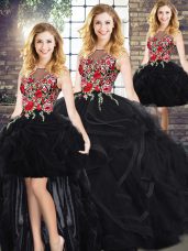 Trendy Black Zipper Ball Gown Prom Dress Sleeveless Floor Length Embroidery and Ruffles