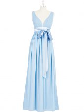 Fashion V-neck Sleeveless Dress for Prom Floor Length Ruching and Bowknot Baby Blue Chiffon