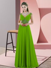 Spectacular Chiffon V-neck Sleeveless Backless Beading Evening Dress in Green
