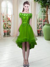 Tulle Lace Up Prom Dresses Short Sleeves High Low Appliques