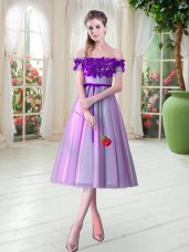 Sleeveless Tulle Tea Length Lace Up Evening Gowns in Lilac with Appliques