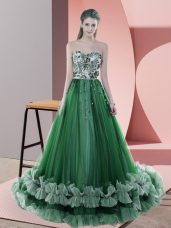 Great Lace Up Homecoming Dress Green for Prom and Party and Military Ball with Beading and Appliques Sweep Train