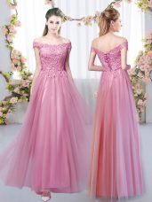 Decent Tulle Off The Shoulder Sleeveless Lace Up Lace Wedding Guest Dresses in Pink