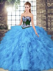 Eye-catching Baby Blue Tulle Lace Up Sweetheart Sleeveless Floor Length Vestidos de Quinceanera Beading and Embroidery