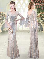 Admirable Silver Mermaid Sequined V-neck Long Sleeves Ruching Floor Length Prom Dresses