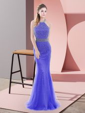 Colorful Tulle Halter Top Sleeveless Sweep Train Backless Beading Formal Evening Gowns in Blue