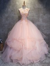 Wonderful Sleeveless Lace Up Floor Length Appliques and Ruffles 15th Birthday Dress