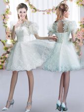 Decent White Short Sleeves Lace Mini Length Wedding Party Dress