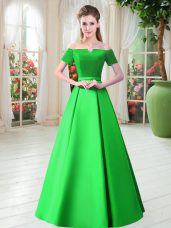 Short Sleeves Floor Length Belt Lace Up Prom Dress with Green