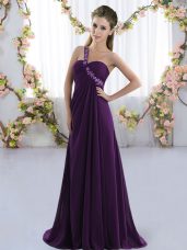 Purple Chiffon Lace Up One Shoulder Sleeveless Bridesmaid Gown Brush Train Beading