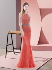 Glittering Halter Top Sleeveless Prom Dresses Sweep Train Beading Red Tulle