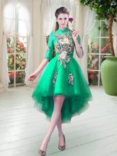Ideal Turquoise Custom Made Prom and Party with Appliques High-neck Half Sleeves Zipper