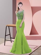 Beading and Lace Formal Dresses Green Lace Up Sleeveless Sweep Train