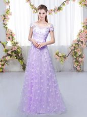 Appliques Dama Dress Lavender Lace Up Cap Sleeves Floor Length