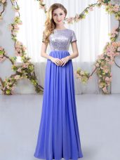 Scoop Short Sleeves Zipper Court Dresses for Sweet 16 Lavender Chiffon