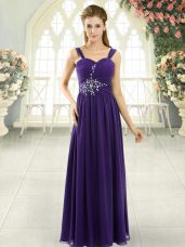 Sleeveless Floor Length Beading and Ruching Lace Up Going Out Dresses with Purple