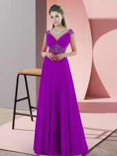 Captivating Beading Prom Party Dress Purple Backless Sleeveless Sweep Train
