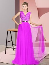 Purple V-neck Neckline Beading and Lace Prom Gown Sleeveless Zipper